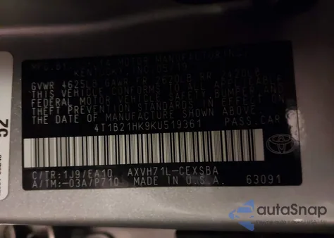 2019 Toyota Camry Hybrid/Le/Xle/Se from USA, damaged, VIN 4T1B21HK9KU519361